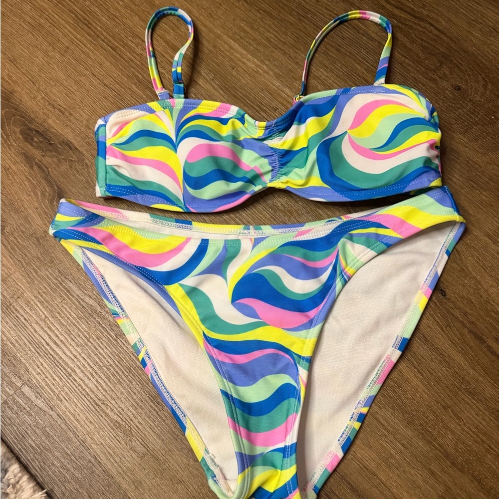 No Boundaries Multicolor Wave Print Bikini - Blue, Pink, Yellow, Green